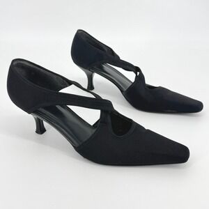 Stuart Weitzman Black Kitten Heel Pumps Size 8 Pointed Toe Strappy Office Shoes